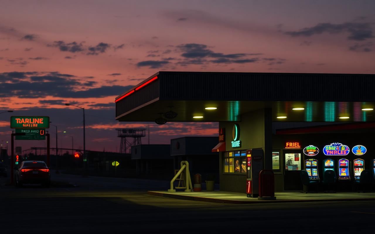 Truckstop in Louisiana mit Casino-Neonschild bei Nacht, Symbolbild zur Übernahme von Toucan Gaming durch Accel Entertainment